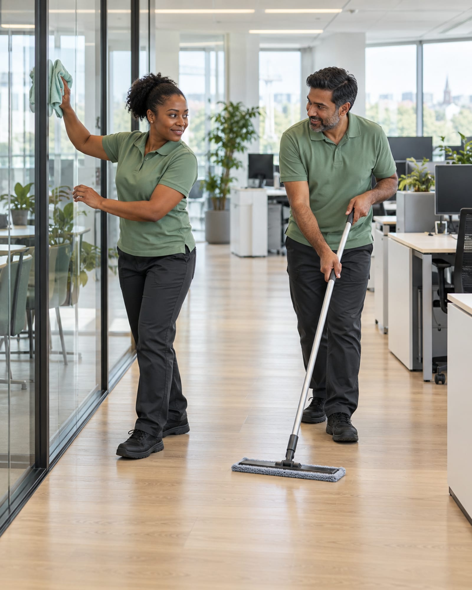 A cleaner at work in a bright, modern office